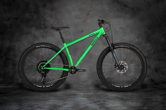 Surly Karate Monkey bike with suspension fork High Fiber Green color side view
