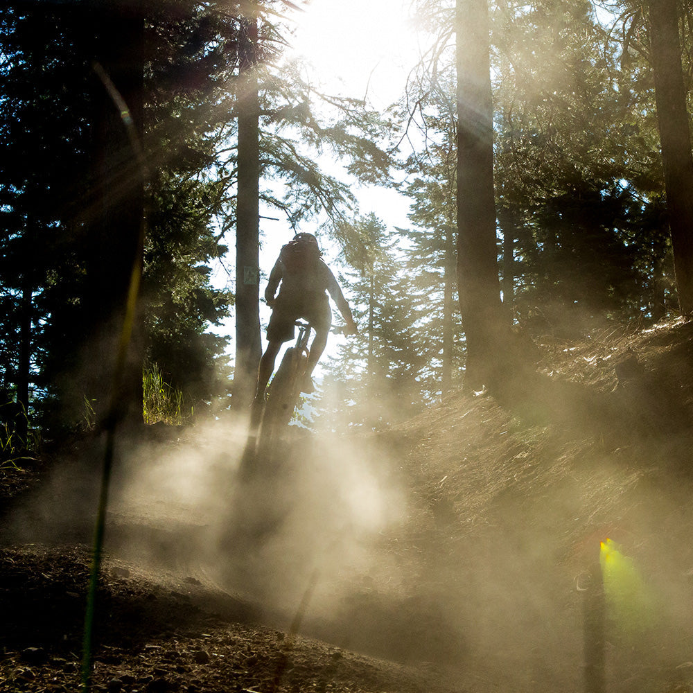 Mountain biker riding dusty trail in forest