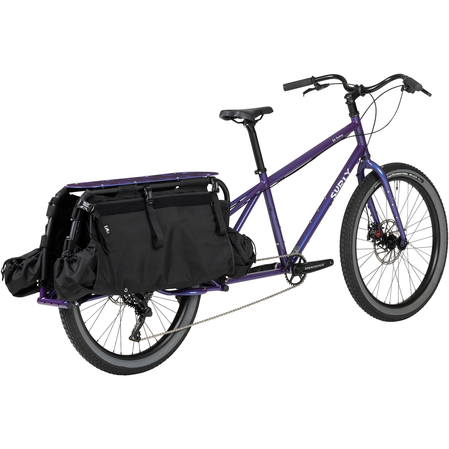 Surly Big Dummy cargo bike Bruised Ego Purple rear three-quarter view