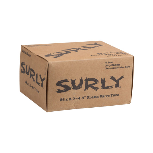 Surly bicycle inner tube box 26 x 3.0–4.8" with logo on white background