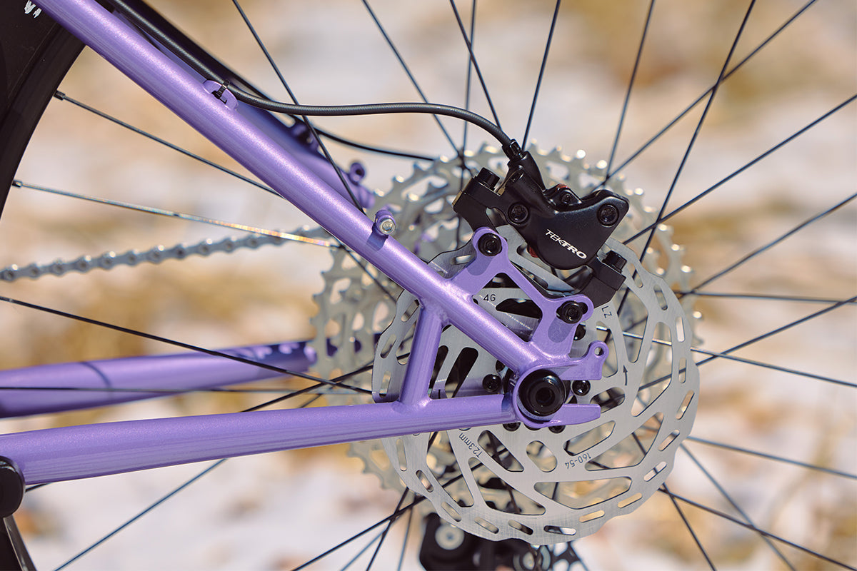 Surly Ice Cream Truck purple color focus on rear dropout, disc caliper and rotor