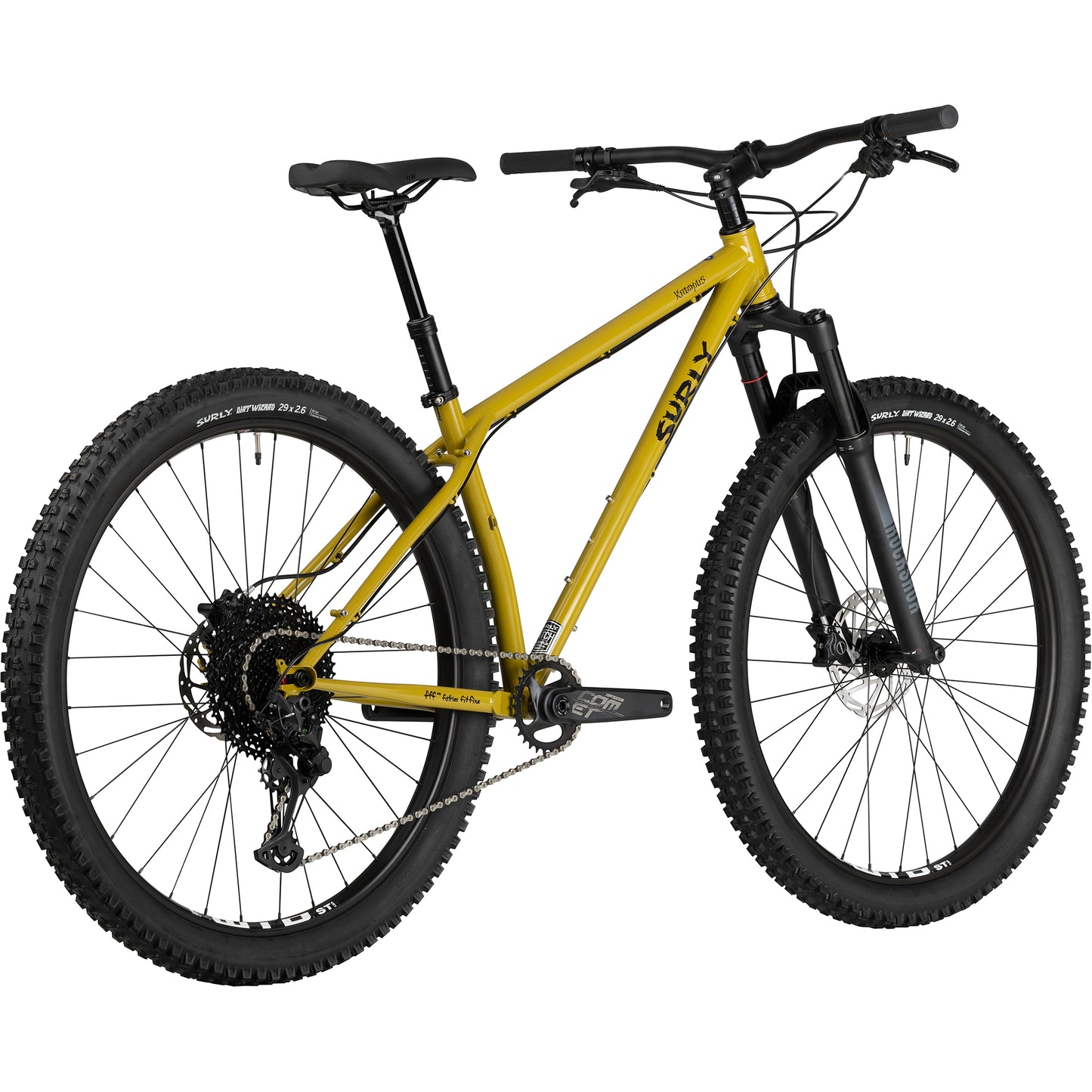 Surly Krampus bike with suspension fork in Nose Drip Curry color rear three-quarter view on white background