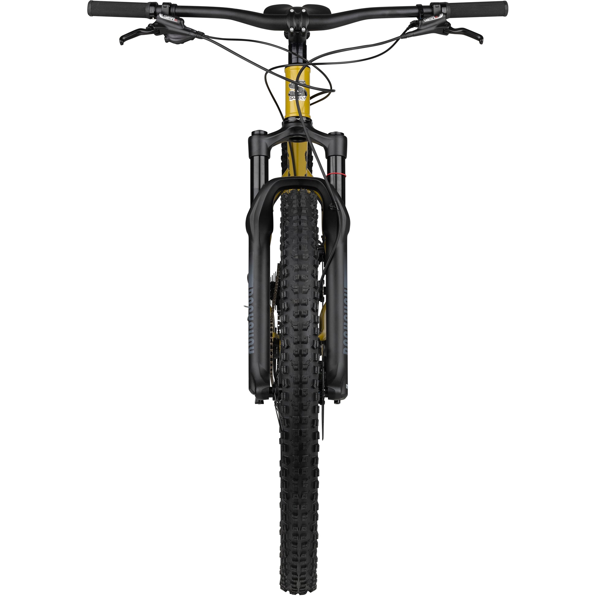 Surly Krampus bike with suspension fork in Nose Drip Curry color straight on front view on white background