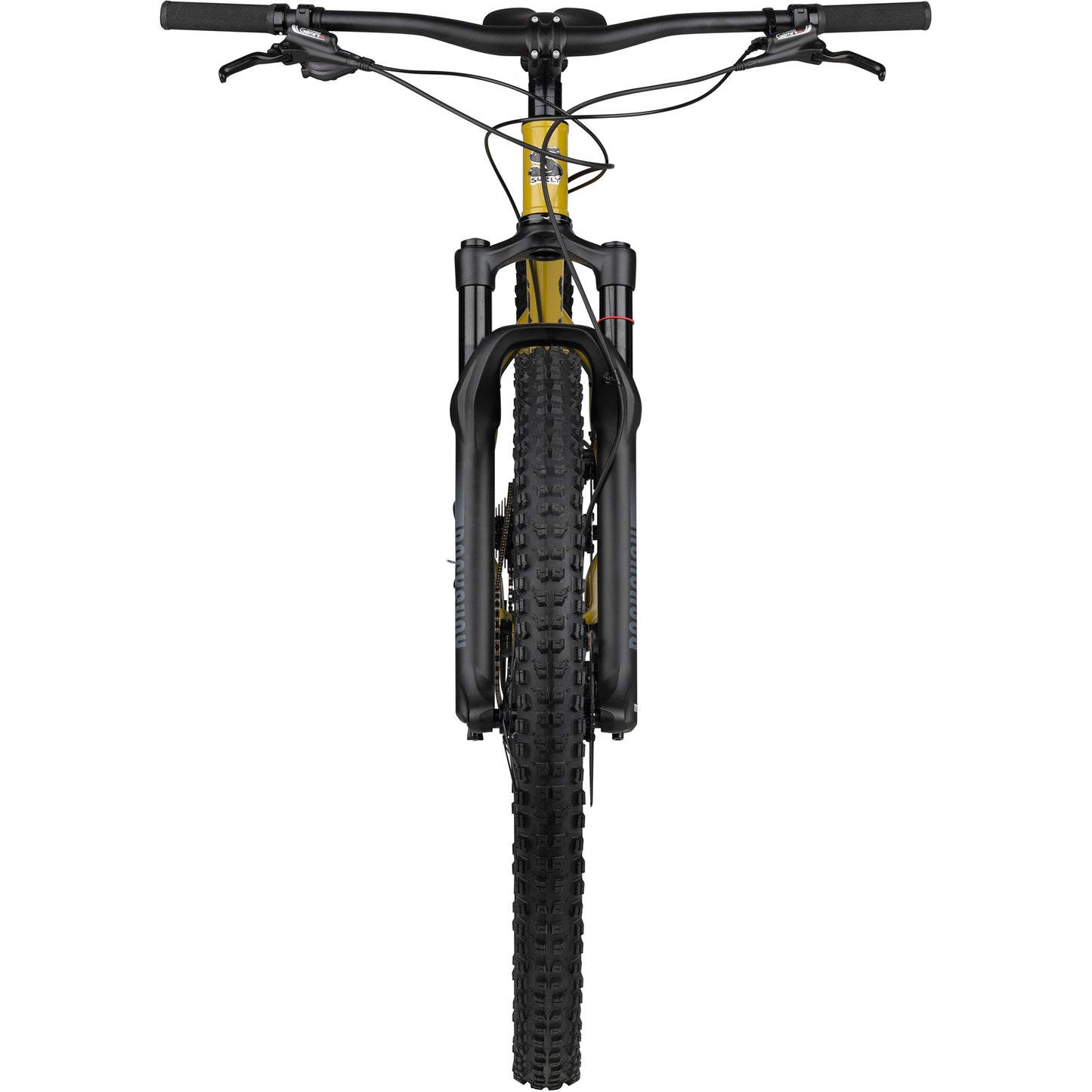 Surly Krampus bike with suspension fork in Nose Drip Curry color straight on front view on white background