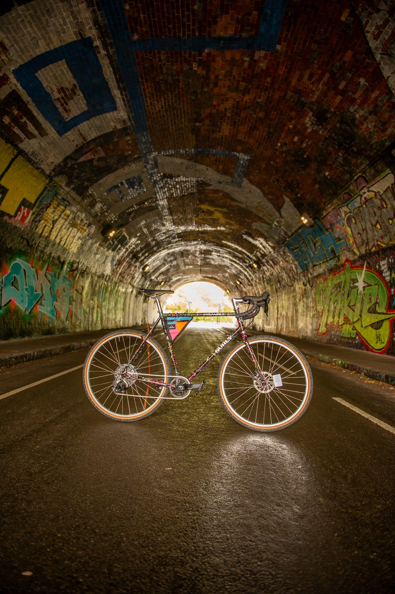 Custom Surly Preamble in middle of road inside tunnel