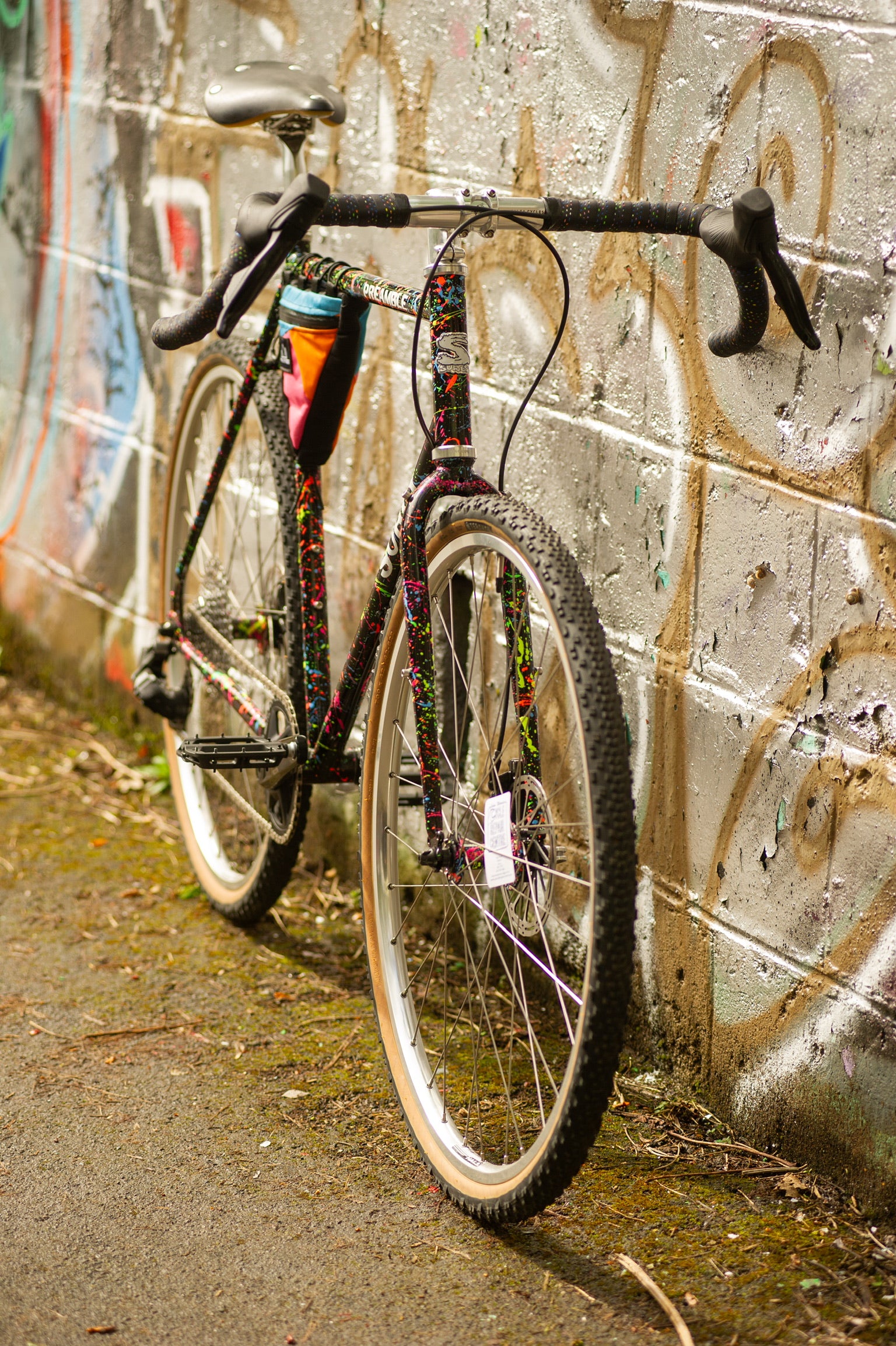 Custom built and painted Surly Preamble leaning against wall outside