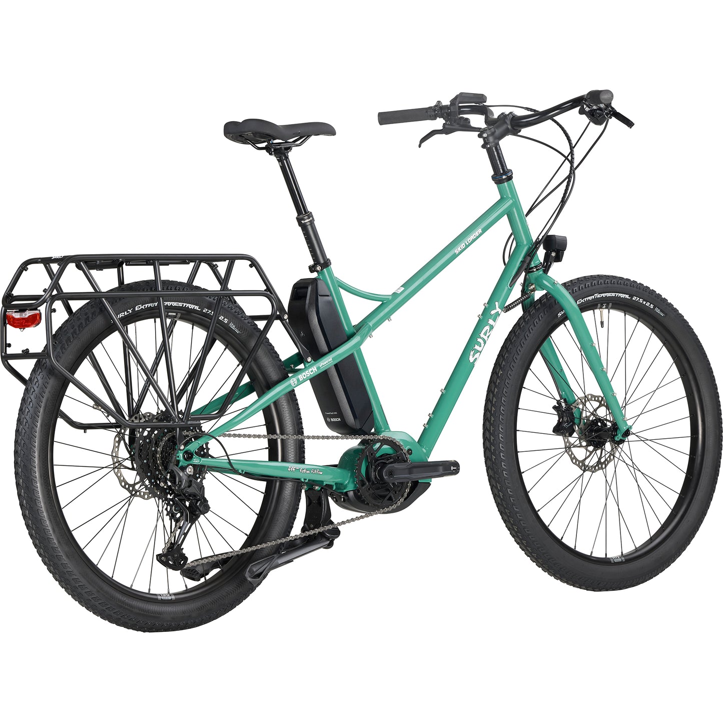 Surly Skid Loader electric cargo bike – rear angle showing AXA Blueline taillight and 100-lb rated rack