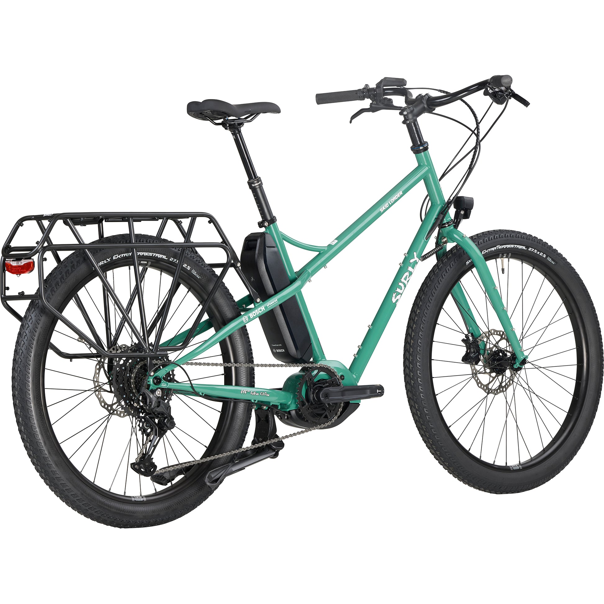 Surly Skid Loader electric cargo bike – rear angle showing AXA Blueline taillight and 100-lb rated rack