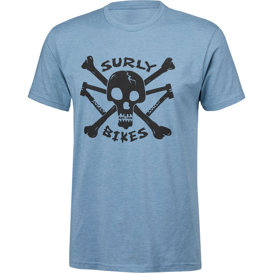 Surly Skullet T-Shirt blue, front with Surly logo, skull and cross bones, and Surly frames