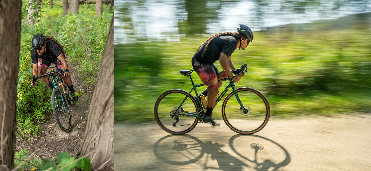 Split image of cyclist riding new Surly Straggler on forest singletrack and riding on gravel road out of saddle sprinting