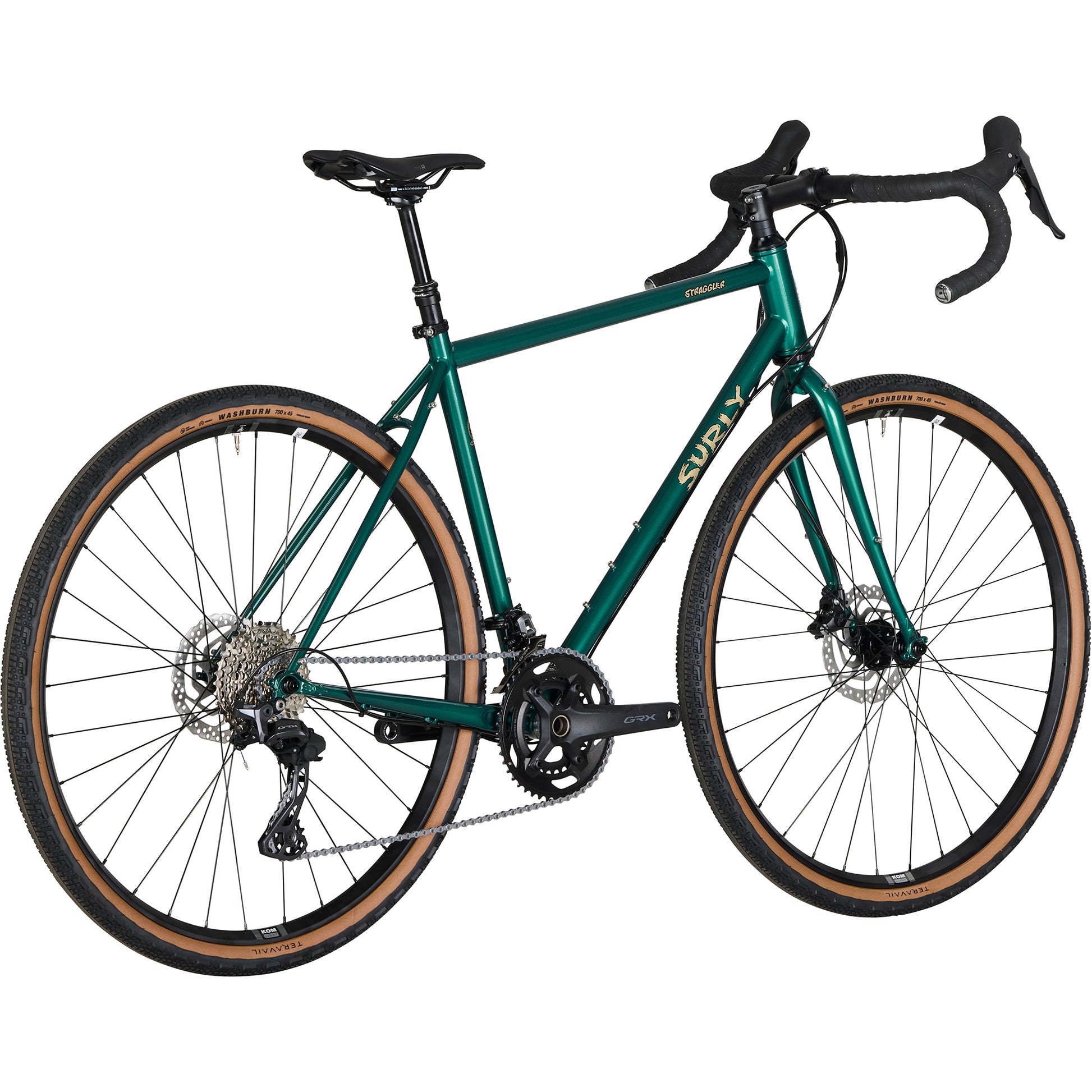 Surly Straggler GRX 610 bike in Subtropic Algae green color rear three-quarter view with tan wall tires on a white background