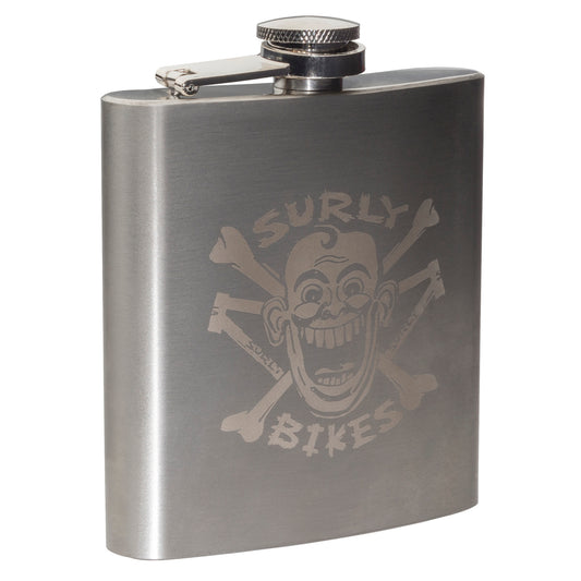 Surly metal flask - silver, with skull and cross bones logo